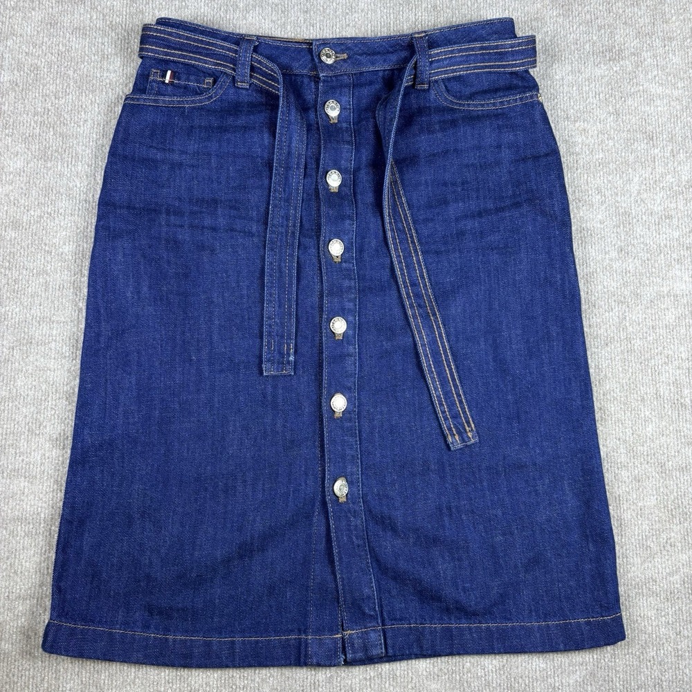 Tommy Hilfiger Denim Button Front Midi Skirt Belted Women's Size 4 Blue
